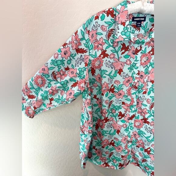 LANDS’ END Floral Button-Down Shirt Aqua Pink Red Print 100% Cotton | 22W - Picture 4 of 8